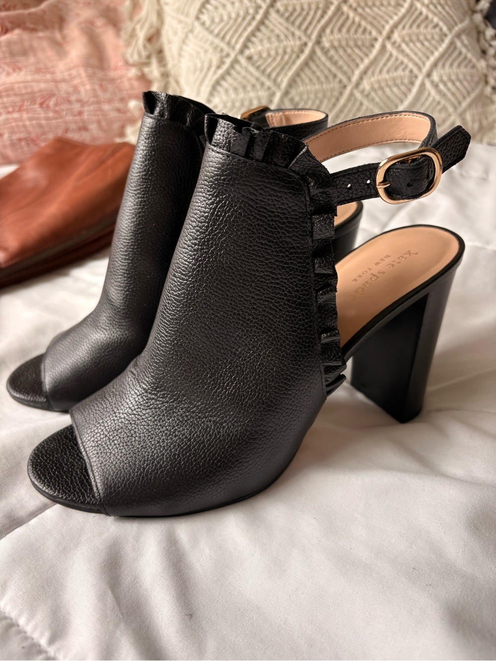 kate spade Marbella Black Leather Ruffle Heeled Sandals